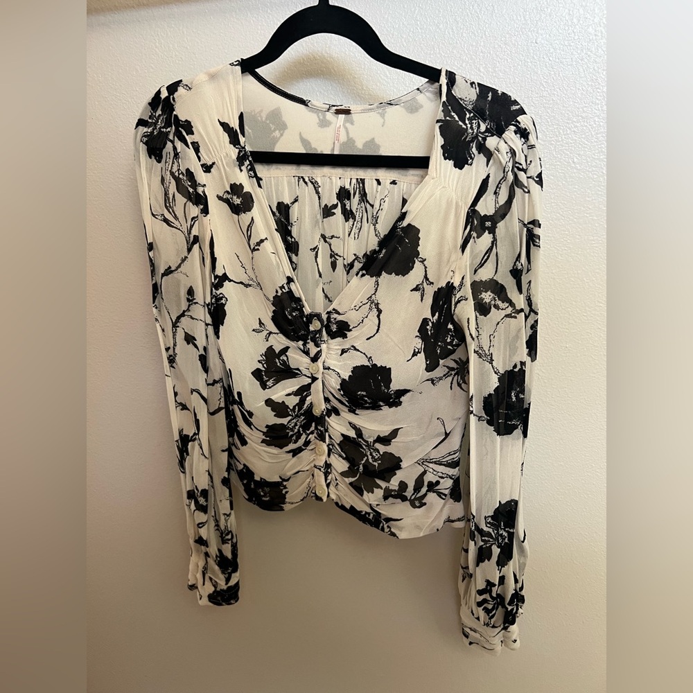 Free People Black and White Ruched Tie Front Blouse